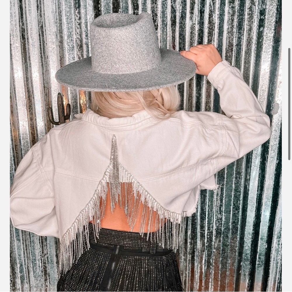 White jean jacket - back sparkle fringe!